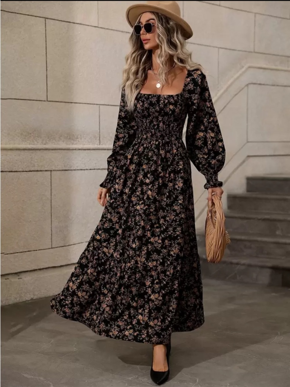 Smocked Square Neck Black Floral Maxi Dress